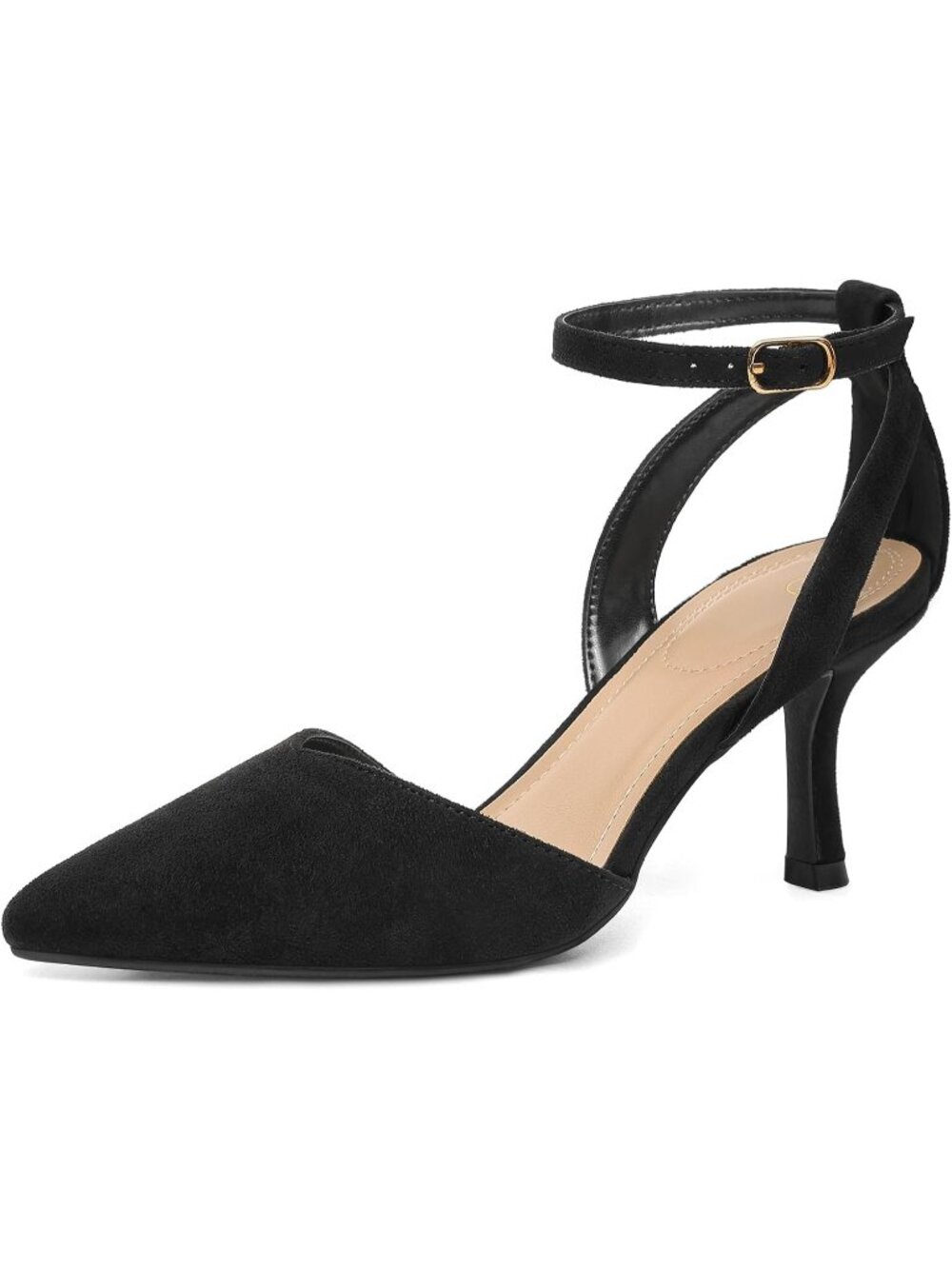 Women's Black Suede Comfortable Closed Toe Adjustable Ankle Strap Kitten Heels